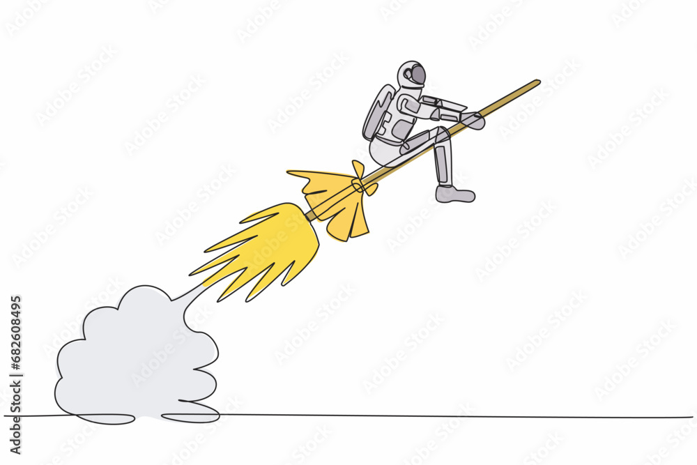 Aufkleber continuous one line drawing of young astronaut riding magic broom rocket flying in moon surface. lau
