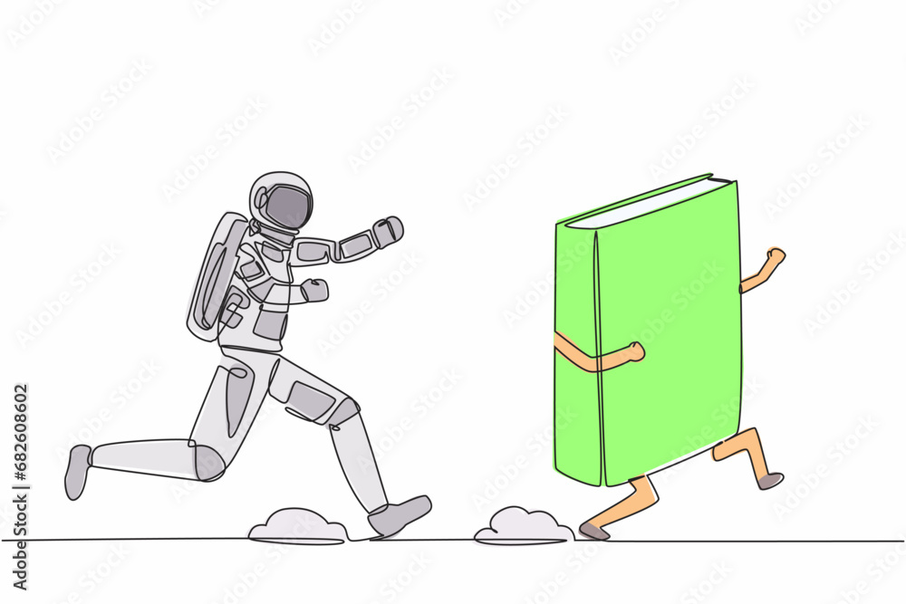Poster single continuous line drawing of young astronaut run chasing textbook for learning in moon surface.