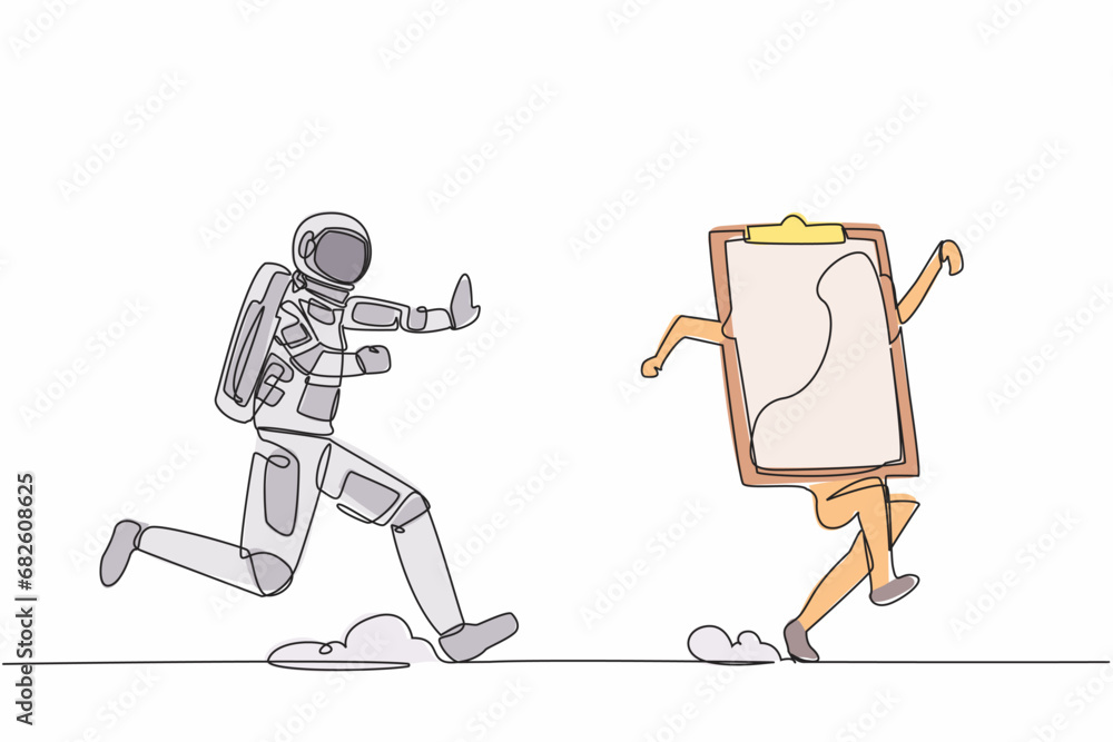 Poster continuous one line drawing of young astronaut chasing clipboard in moon surface. spaceship launch p