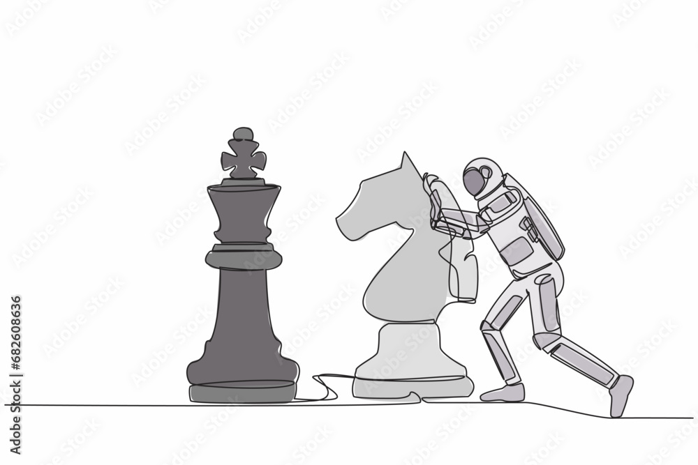 Poster continuous one line drawing of young astronaut push huge knight horse chess piece to take down king 