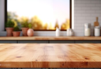 A wooden table and chairs in a kitchen with a window, featuring a vase of flowers and a bowl of fruit. The kitchen is well-lit and has a warm and inviting atmosphere. - Powered by Adobe