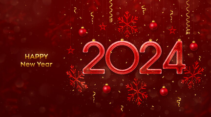 Happy New Year 2024. Hanging glitter ice numbers 2024 with shimmering snowflakes, stars, balls, confetti on red background. New Year greeting card, banner, flyer, poster. Vector illustration.
