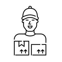 Male courier wearing a baseball cap and holding multiple packages. Pixel perfect, editable stroke icon