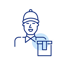Smiling courier man working in food delivery. Take away paper bag. Pixel perfect, editable stroke icon