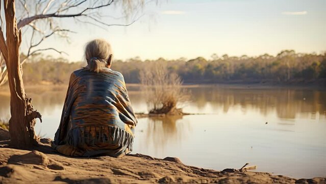 elderly Aboriginal woman sits by serene river in heart of outback. peaceful sounds of nature around make delve deep into recollections, rediscovering indigenous traditions passed down to her.