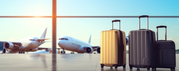 Suitcases in airport on blurred airstrip background. Travel concept. 3d rendering, Generative AI 
