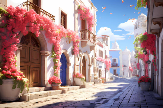 Fototapeta A town street with pink flowering plants and traditional white architecture