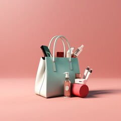 Fashion accessories bag, high heels, lipstick in bag shopping. 3d rendering, Generative AI 