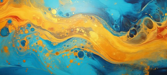 Liquid marble texture background. Blue tosca gold colors. Generative AI technology.