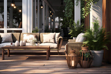 A white wood outdoor area with wooden furniture - obrazy, fototapety, plakaty