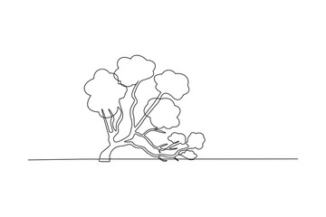 One continuous line drawing of mountain, grass and trees. Nature concept. Doodle vector illustration in simple linear style.