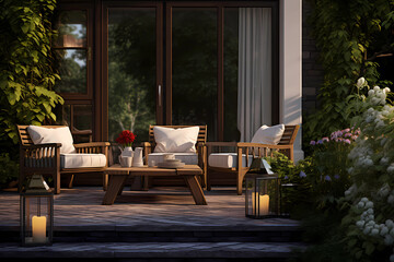 A white wood outdoor area with wooden furniture