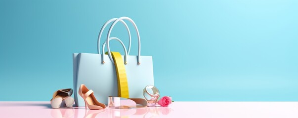 Fashion accessories bag, high heels, lipstick in bag shopping on pastel blue background. 3d rendering, Generative AI 
