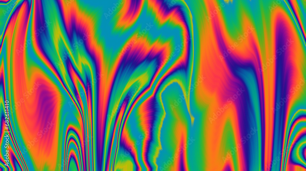 Poster vibrant and trippy backdrop adorned with neon-hued glitched patterns, enhanced by a captivating pola
