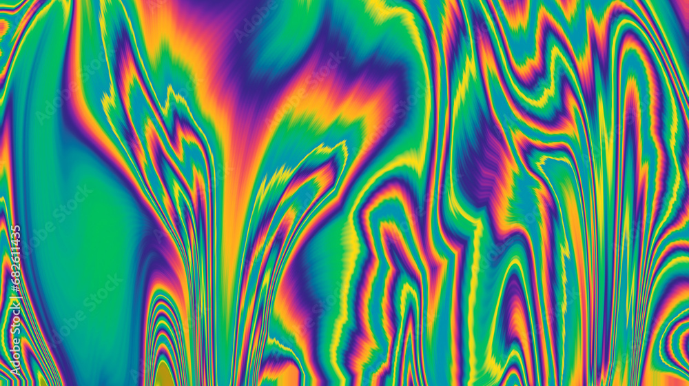 Poster vibrant and trippy backdrop adorned with neon-hued glitched patterns, enhanced by a captivating pola