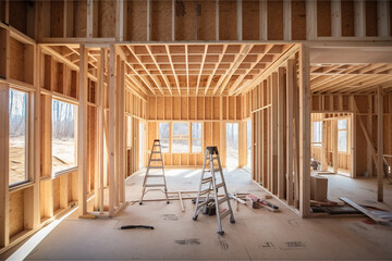 Inside wooden frame construction of a residential real estate or house under construction with messy wood piles, hand tools, and tall ladder. Generative AI.