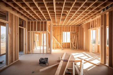 Inside wooden frame construction of a residential real estate or house under construction with messy wood piles, hand tools, and tall ladder. Generative AI.