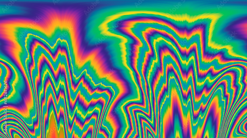 Poster vibrant and trippy backdrop adorned with neon-hued glitched patterns, enhanced by a captivating pola