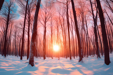 The sun is passing over a snow covered background in this winter forest forest