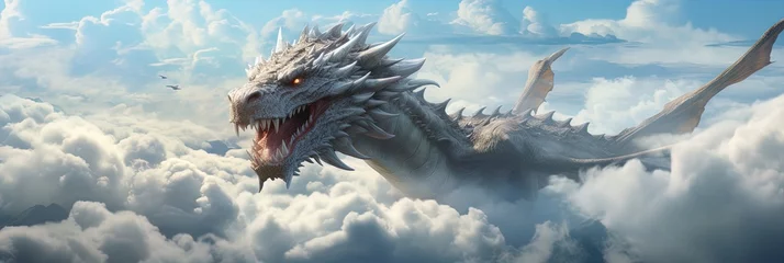 Foto op Plexiglas Unleash the legend - a majestic dragon soaring high amongst the clouds, a powerful embodiment of myth and fantasy! © Alex