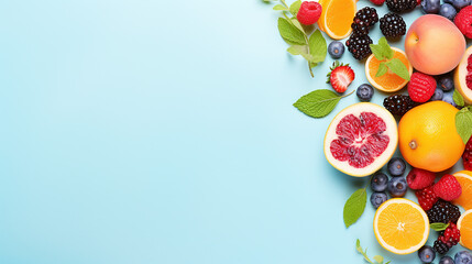 summer vitamin food concept various fruit and berries on light blue background