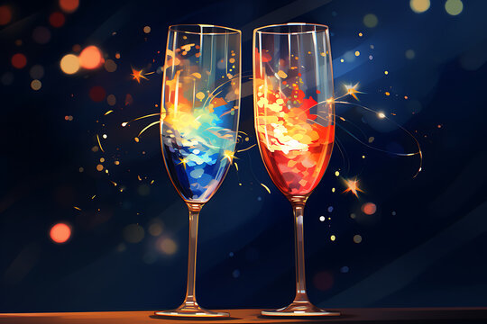 two glasses of champagne and fireworks
