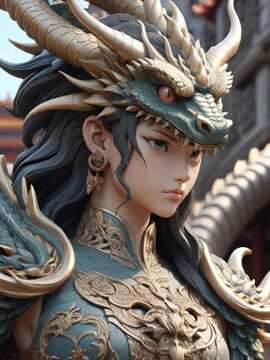 Beautiful anime style girl, 3d render, dragon queen, wearing a dragon costume. ai generative
