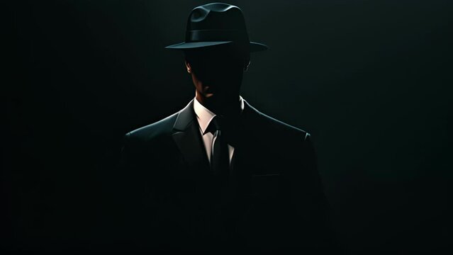 Minimal flat motion of a spy in a sleek black suit, blending into the shadows as they gather intel through deceitful tactics. 2D cartoon animation. .