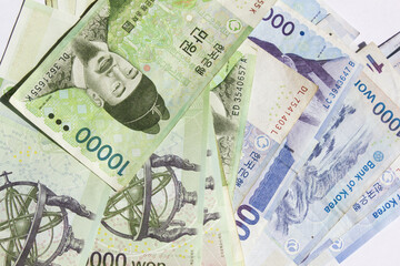 Pile of Korean banknote money.