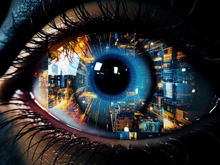 A close up of a person's eye with a city reflection on them