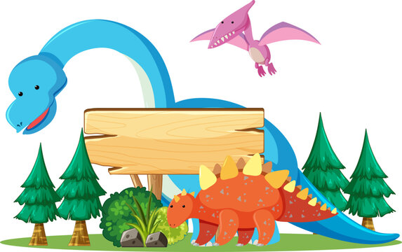 Cute Dinosaur Cartoon with Wooden Sign Banner