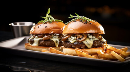 Two cheeseburgers with fries on a tray on a black background