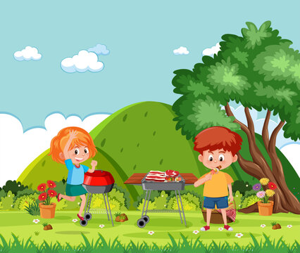 Outdoor BBQ with Boy and Girl in Mountain Background