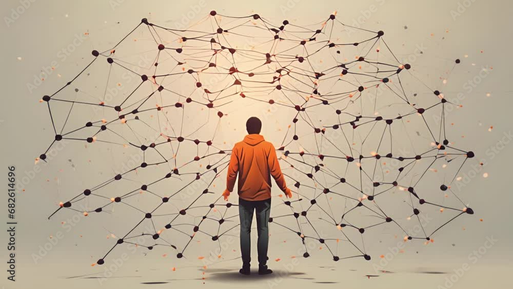 Poster minimal flat motion of a person surrounded by a web of lies, each one more elaborate than the last, 