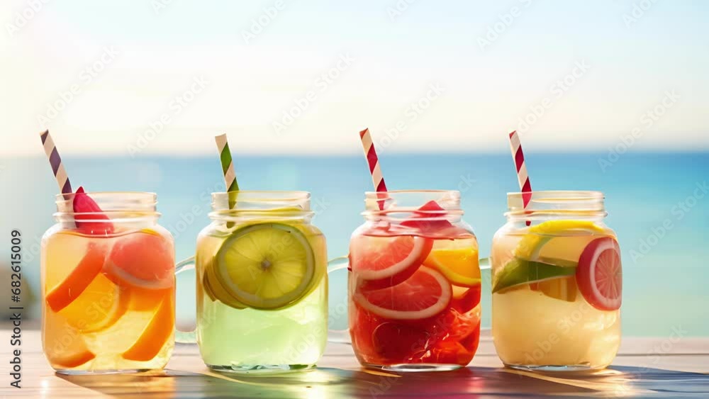 Poster closeup of a row of mason jars filled with fruity and refreshing sangrias, with sliced fruits floati