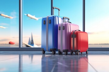 Suitcases in airport. Travel concept. 3d rendering, Generative AI 