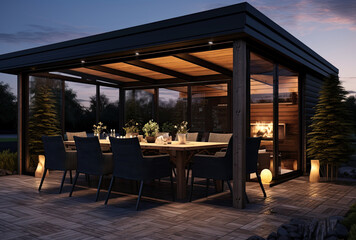 a modern gazebo with white furniture and a patio area