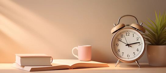 Fototapeta na wymiar Alarm clock and books on the wooden table