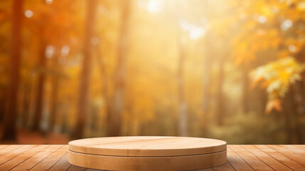 Fototapeta premium Wood podium with fall background. Generative AI.