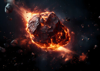 An asteroid near the earth with smoke and lava