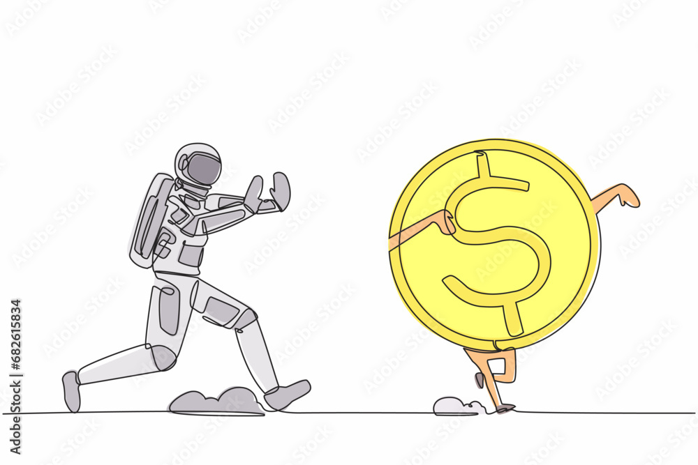 Aufkleber single continuous line drawing young astronaut chase dollar coin in moon surface. exploration of spa
