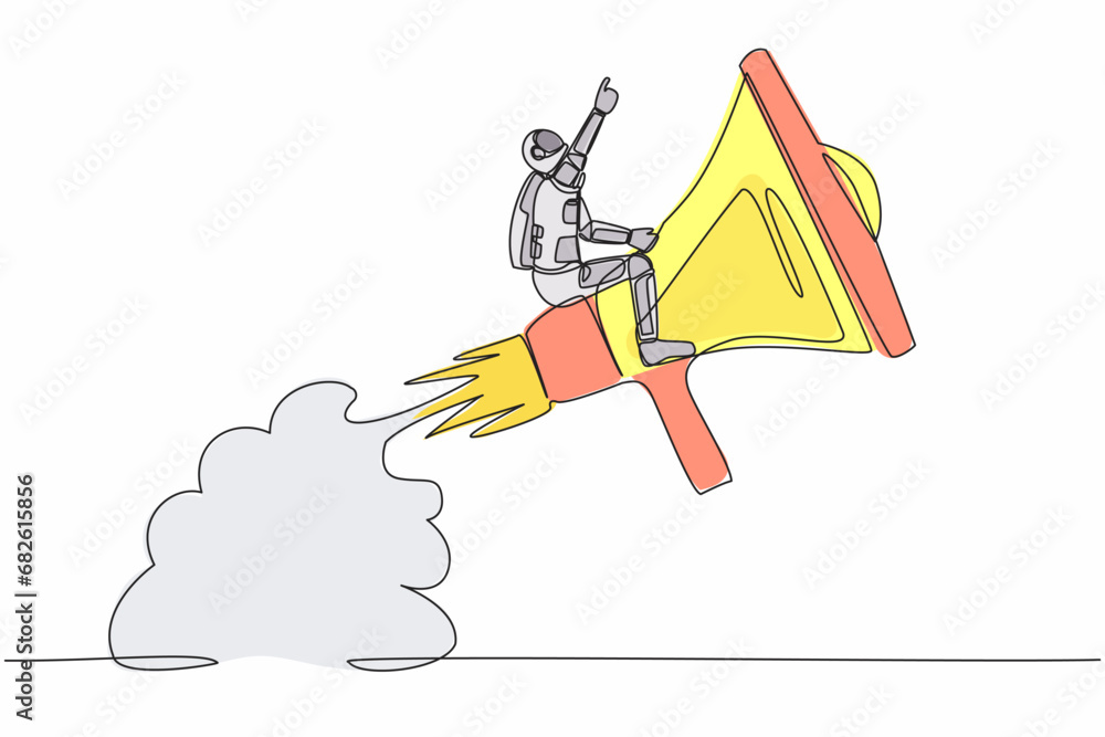 Poster single one line drawing astronaut riding megaphone rocket flying in moon surface. communication skil