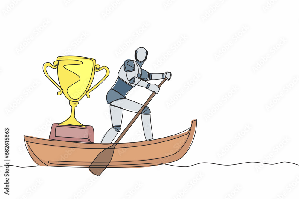 Poster single continuous line drawing smart robot sailing away on boat with winning trophy. victory reward 