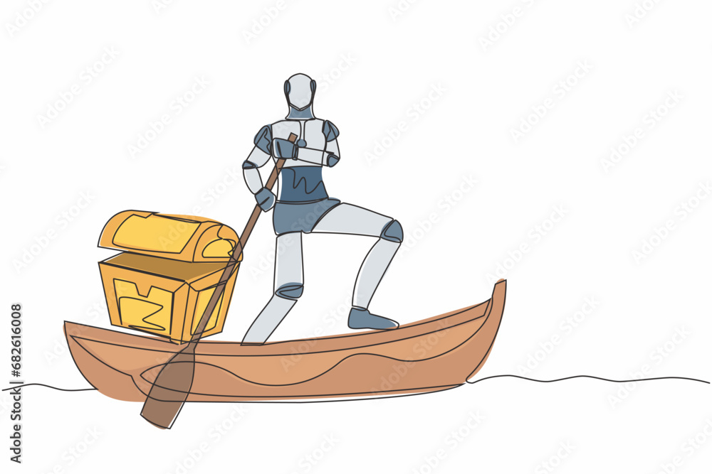 Poster single continuous line drawing robot sailing away on boat with treasure chest. money laundering in t