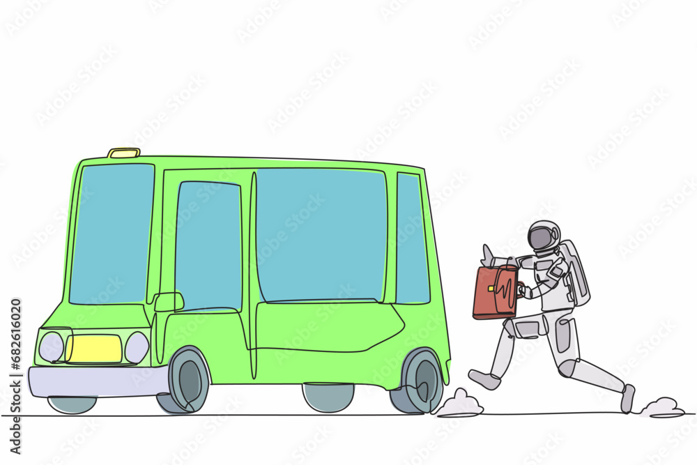 Poster single continuous line drawing of young astronaut run chasing bus in moon surface. analysis of the t