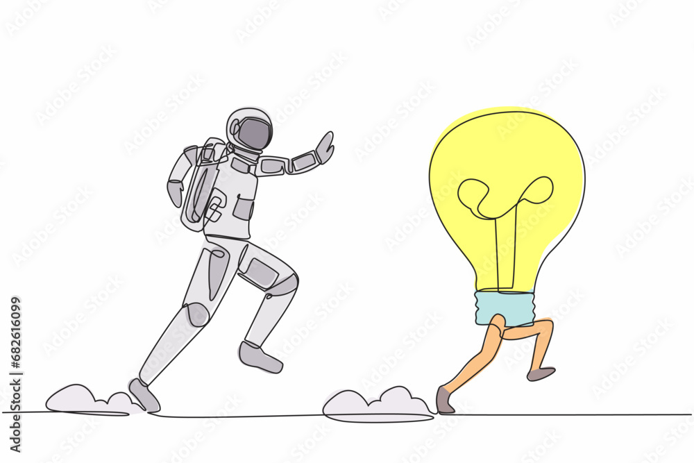 Poster single continuous line drawing of young astronaut chasing light bulb in moon surface. innovation in 