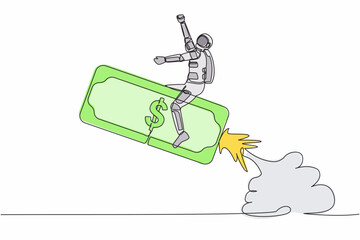 Single one line drawing of astronaut riding banknote money rocket flying in moon surface. Space company investment opportunity. Cosmic galaxy space concept. Continuous line design vector illustration © Simple Line