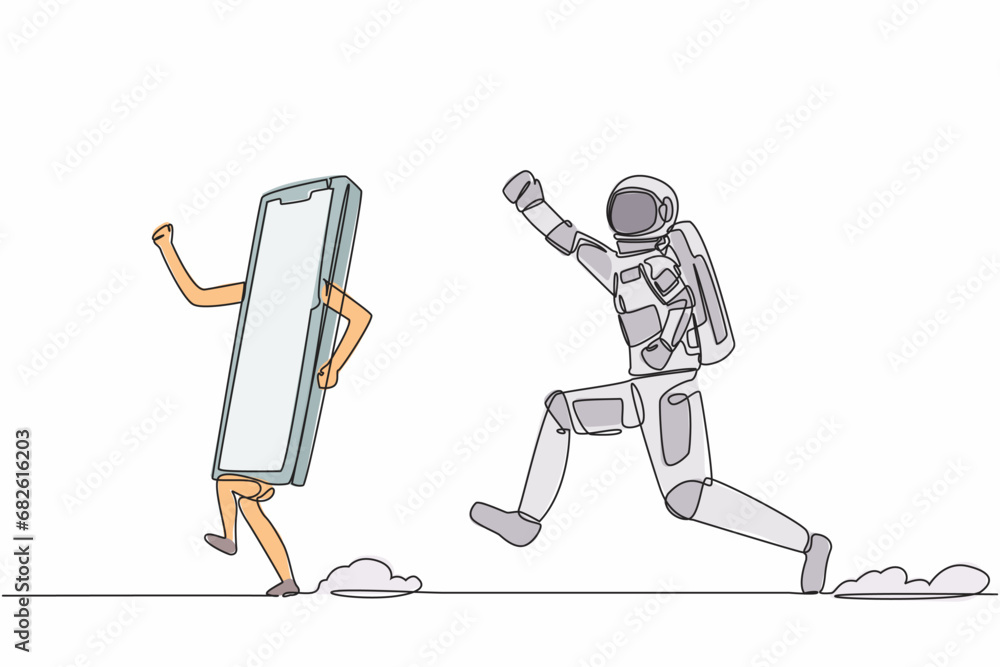 Aufkleber continuous one line drawing of young astronaut run chasing smartphone in moon surface. communication