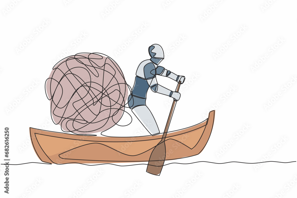 Poster continuous one line drawing robot sailing away on boat with messy line. chaotic, anxiety minded in t