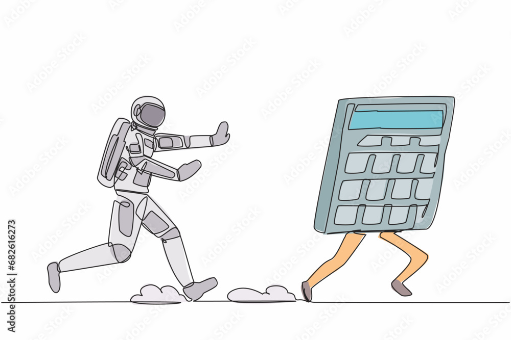 Aufkleber single one line drawing young astronaut chasing calculator in moon surface. calculation of costs for